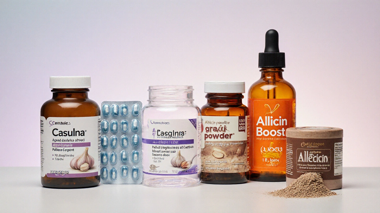 Array of garlic supplement bottles and capsules showing different forms and textures on a white surface.