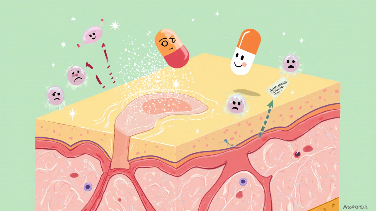 Cartoon cross‑section of skin showing isotretinoin shrinking a sebaceous gland and pushing away bacteria.