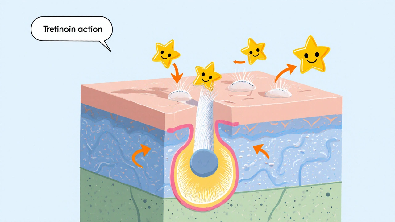 Cartoon cross‑section shows tretinoin acting on skin cells and fine hairs emerging.