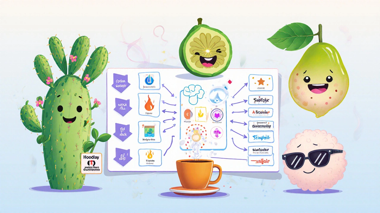 Cartoon icons of Hoodia, Cissus, Garcinia, green tea, glucomannan, and 5‑HTP with mechanism arrows.