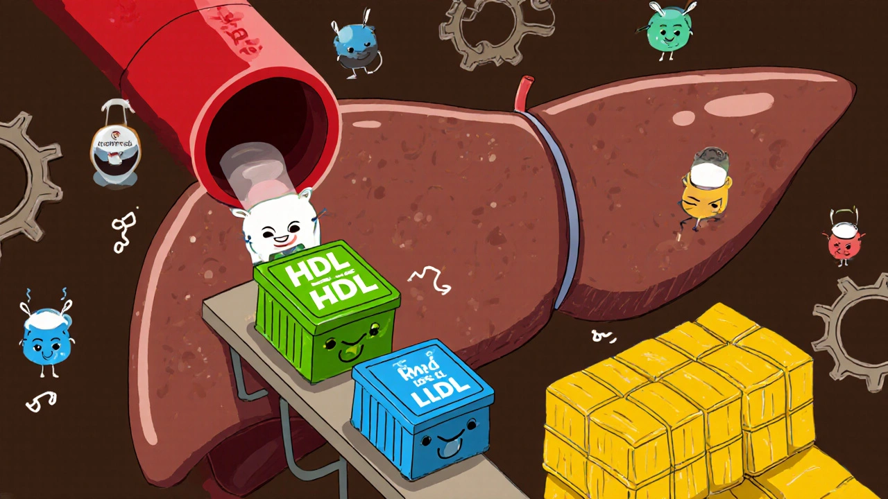 Cartoon liver factory turning alcohol into HDL, LDL, and triglyceride packets.