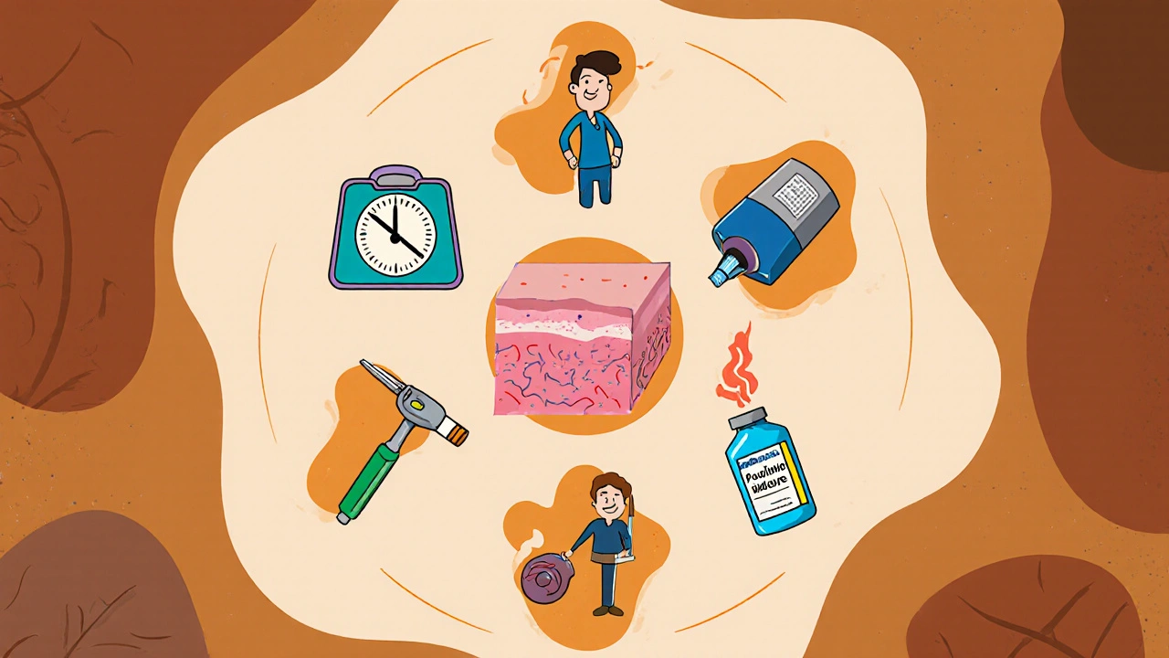 Cartoon montage of weight loss, smoking cessation, laser, surgery, and iodine treatment.