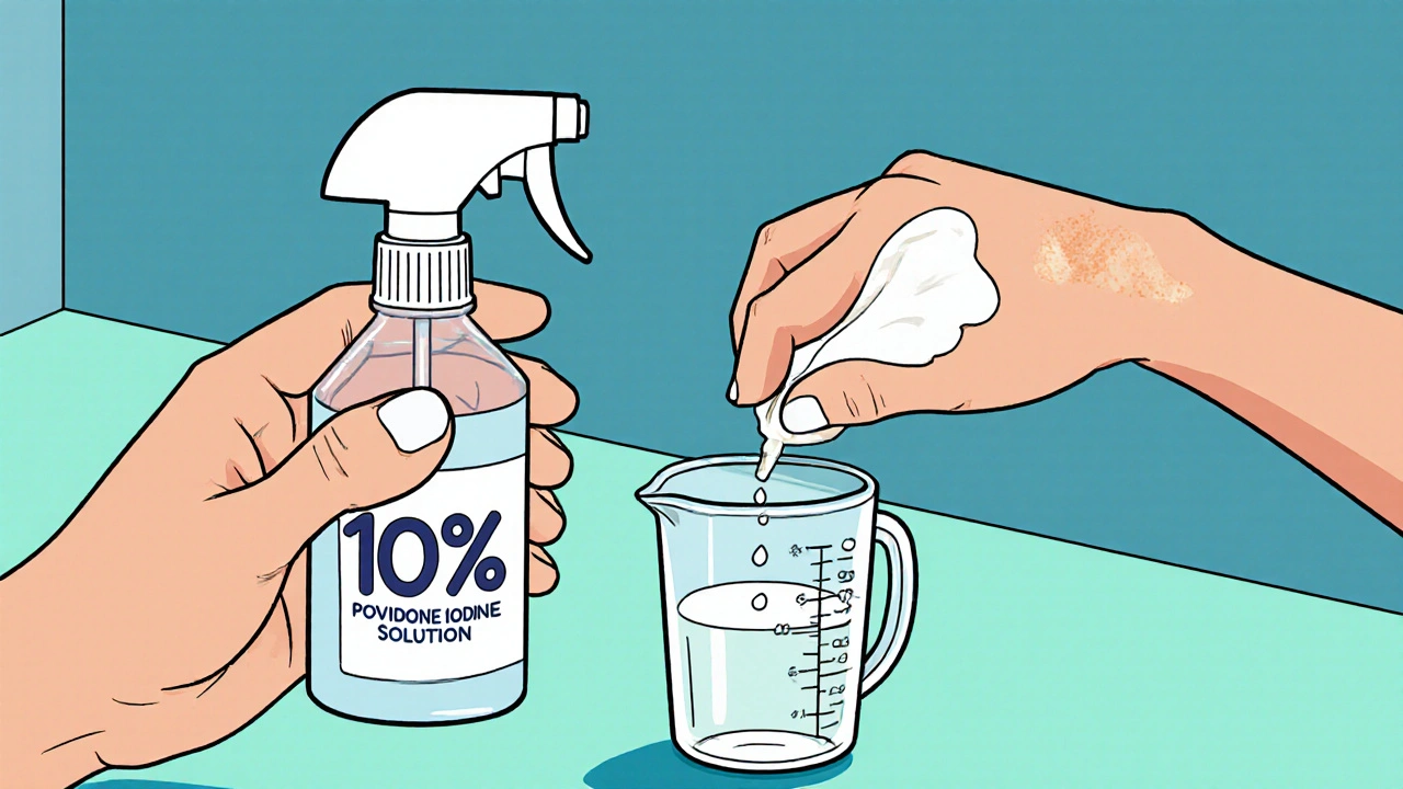 Close‑up of diluted povidone‑iodine preparation and application to an HS tunnel.