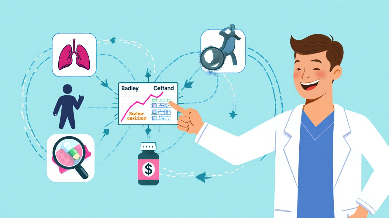 Comic‑style flowchart showing steps to choose an antibiotic.