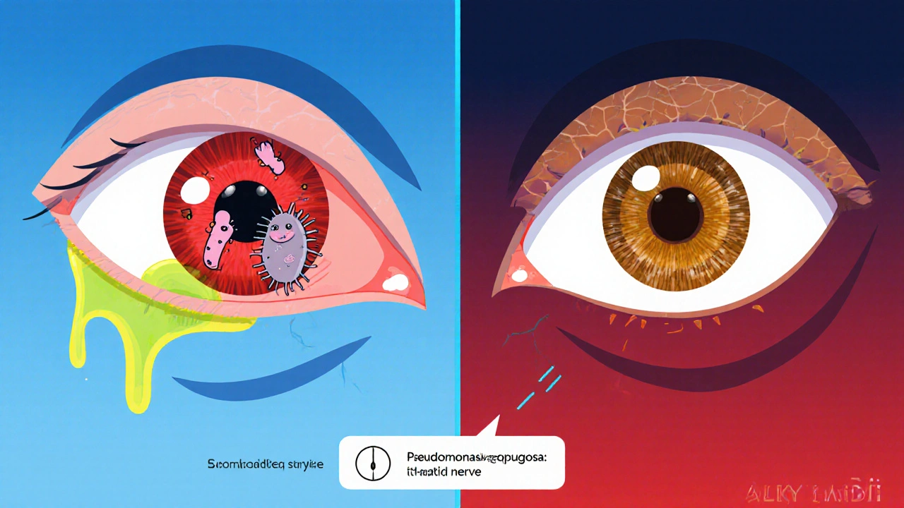 Cross‑section of eye showing conjunctivitis and keratitis with cartoon microbes.