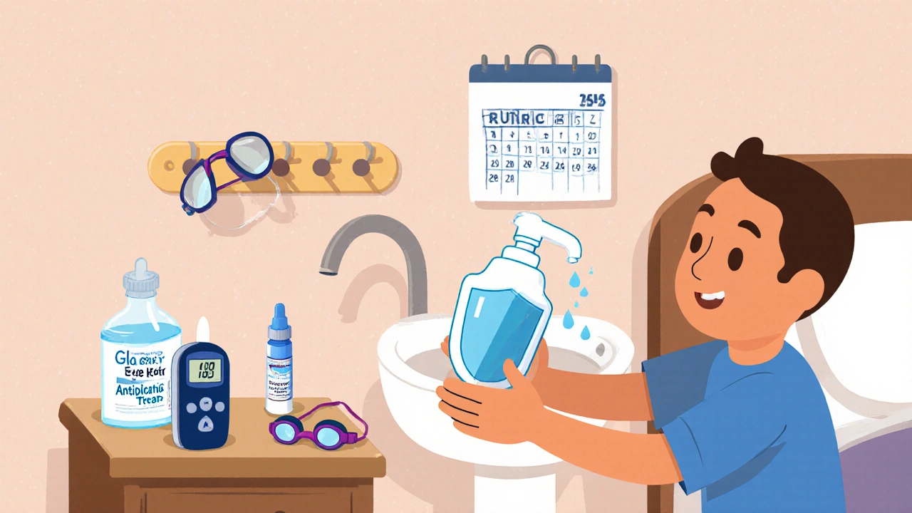 Diabetic person washing hands, eye drops, glucose meter, goggles, and calendar for eye care.