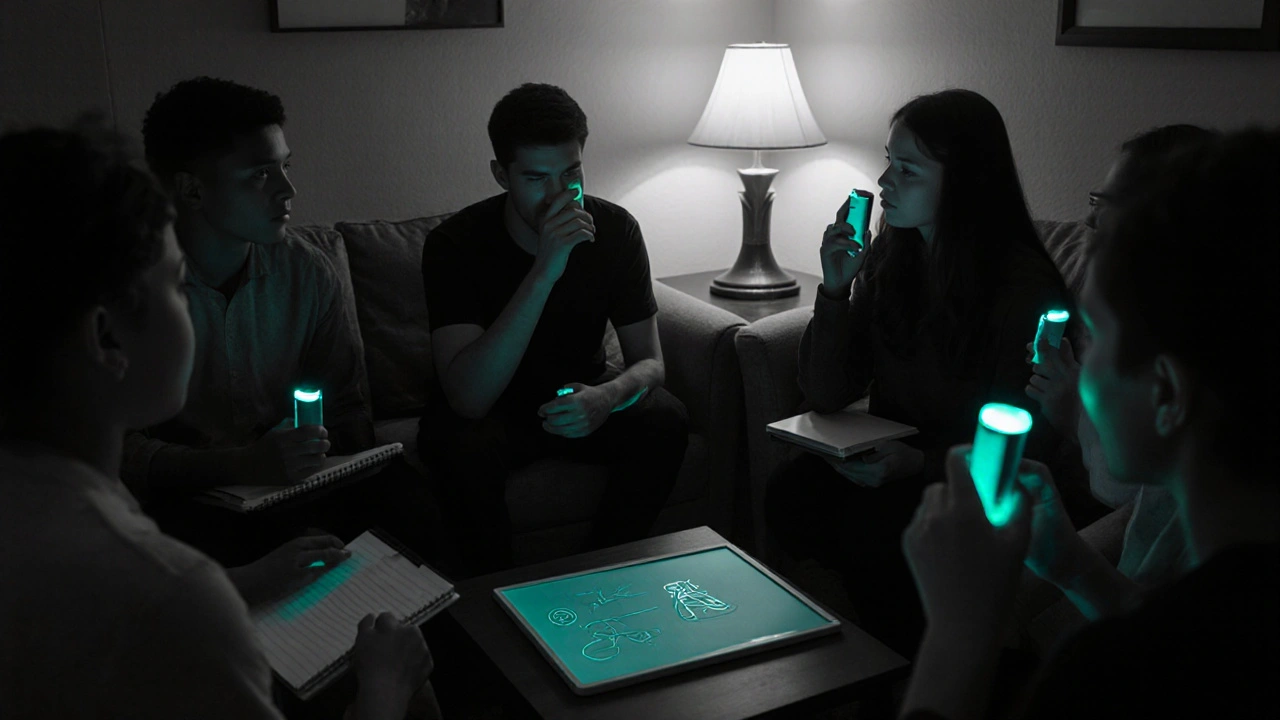 Diverse group in a cozy room sharing asthma tips, teal‑lit inhalers visible.