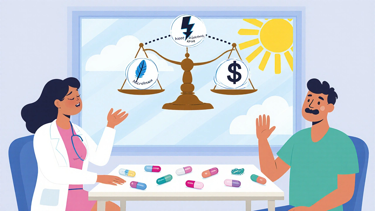 Doctor and patient discussing pills with a scale showing risk, weight, and cost.