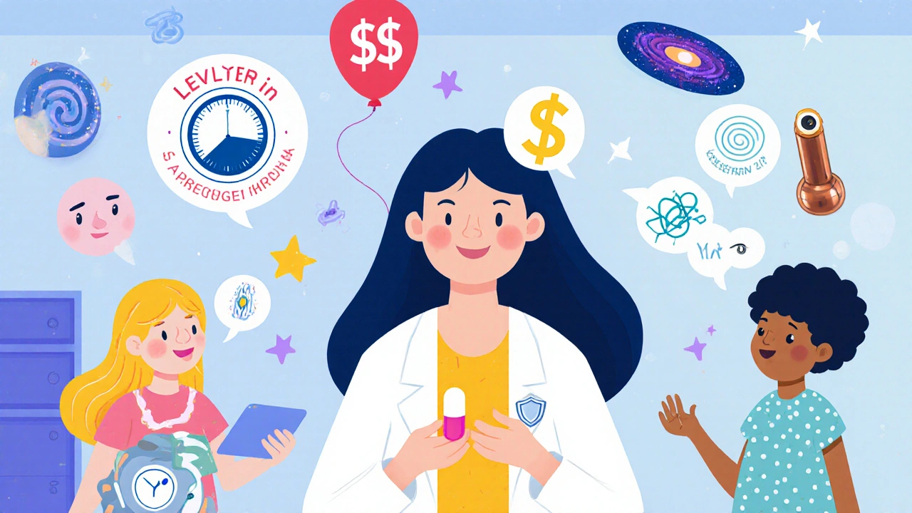 Doctor’s office scene with birth control options as talking characters and price tags floating nearby.