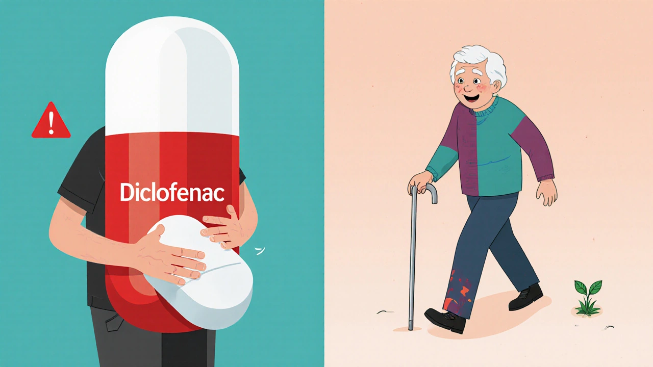 Elderly person comparing risky oral pill to safe topical gel and walking shoes in contrasting cartoon scenes.