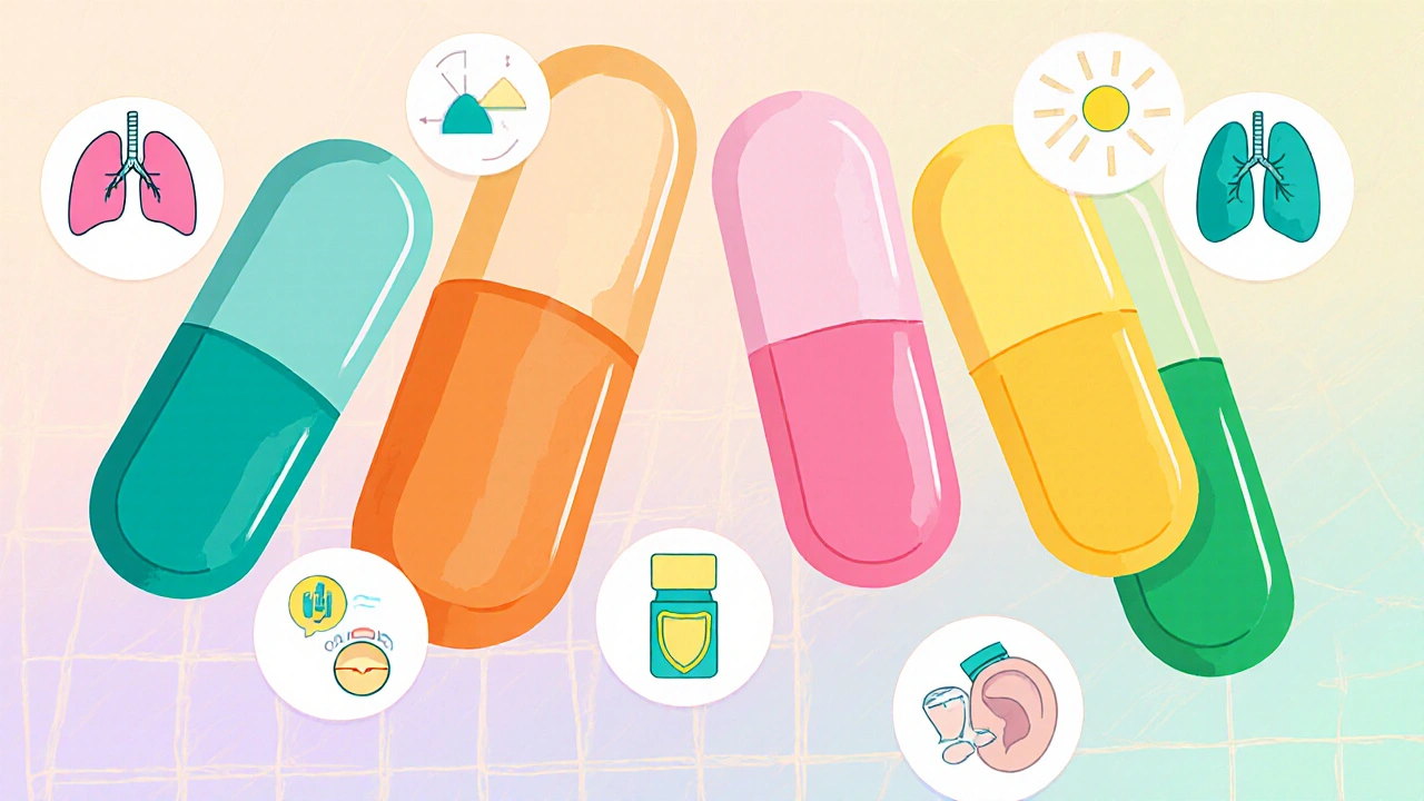 Five antibiotic pills with icons for lungs, skin, ear‑throat, etc.