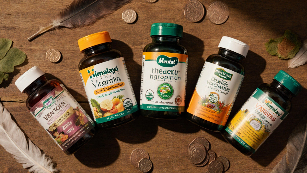 Flat‑lay of six supplement bottles with coins, leaf, and feather suggesting price and traits.