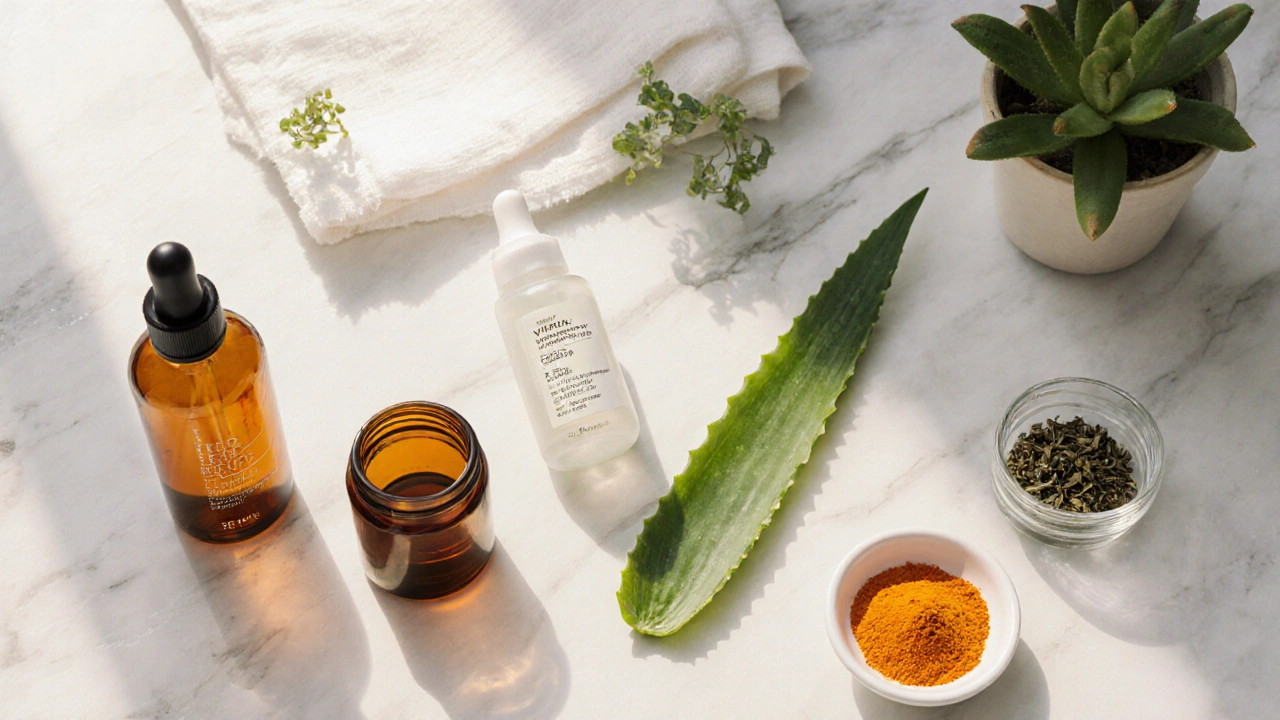Flat‑lay of Vitamin C serum, licorice extract, niacinamide, aloe vera, turmeric, and green tea on marble.