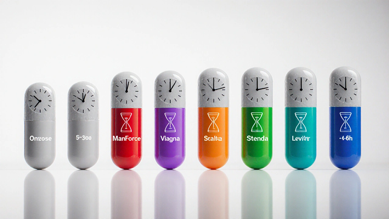 Graphic comparing onset and duration of six ED drugs using pill icons and colored accent bars.