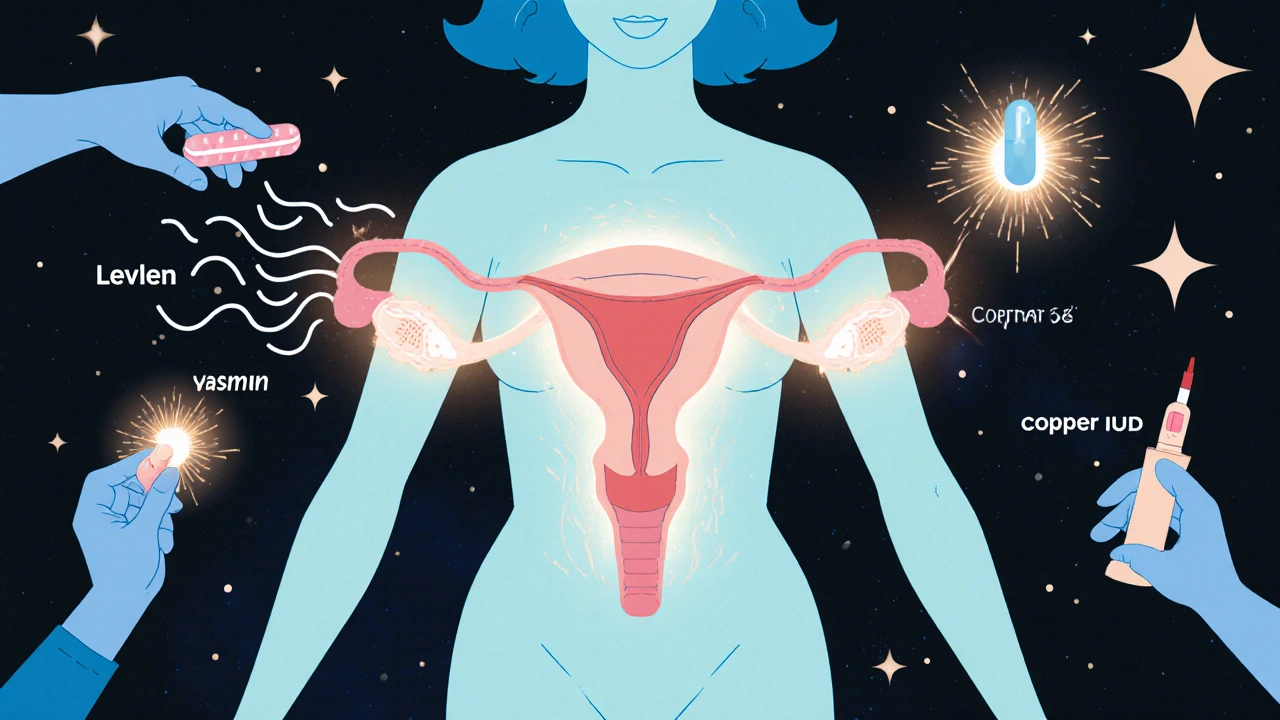 Human body silhouette emitting different hormone streams, with contraceptive methods as tools around it.