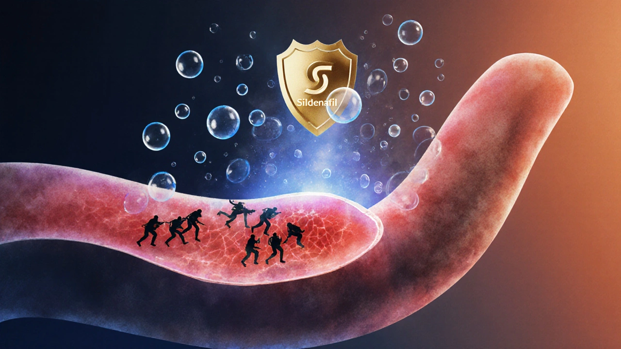 Illustration showing sildenafil blocking PDE‑5 to keep blood vessels relaxed.