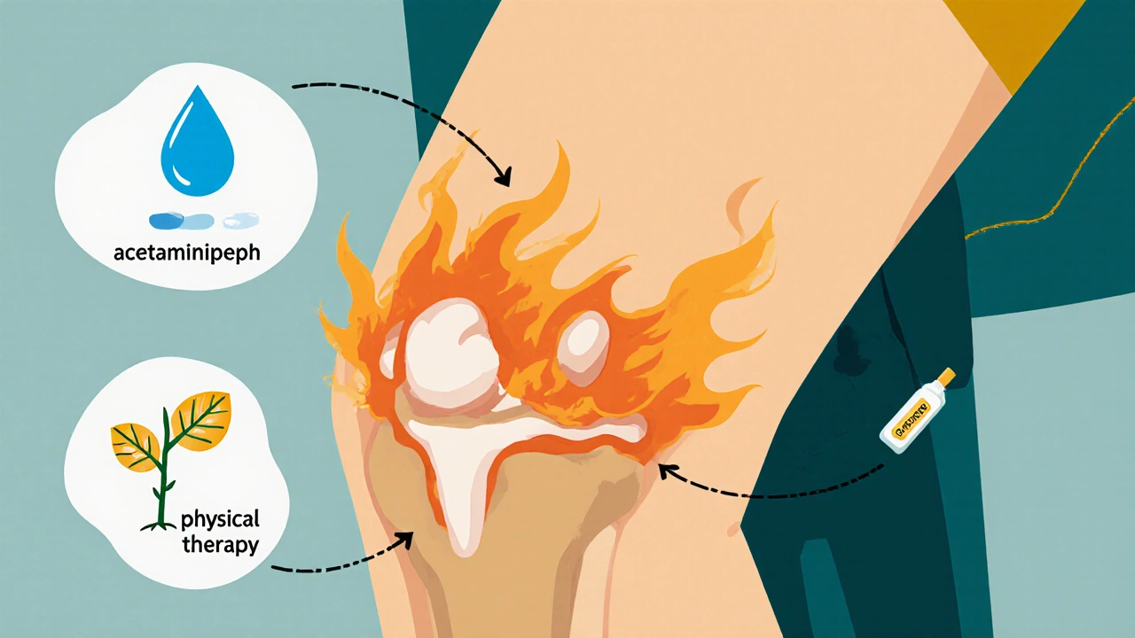 Inflamed knee calmed by water, plant, and gel, with overuse fading away in abstract cartoon style.