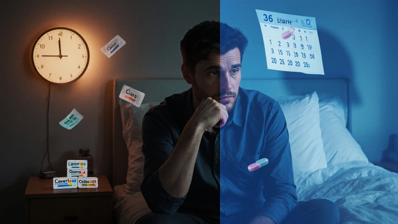 Man contemplating pill choices with clock, calendar and price visuals.