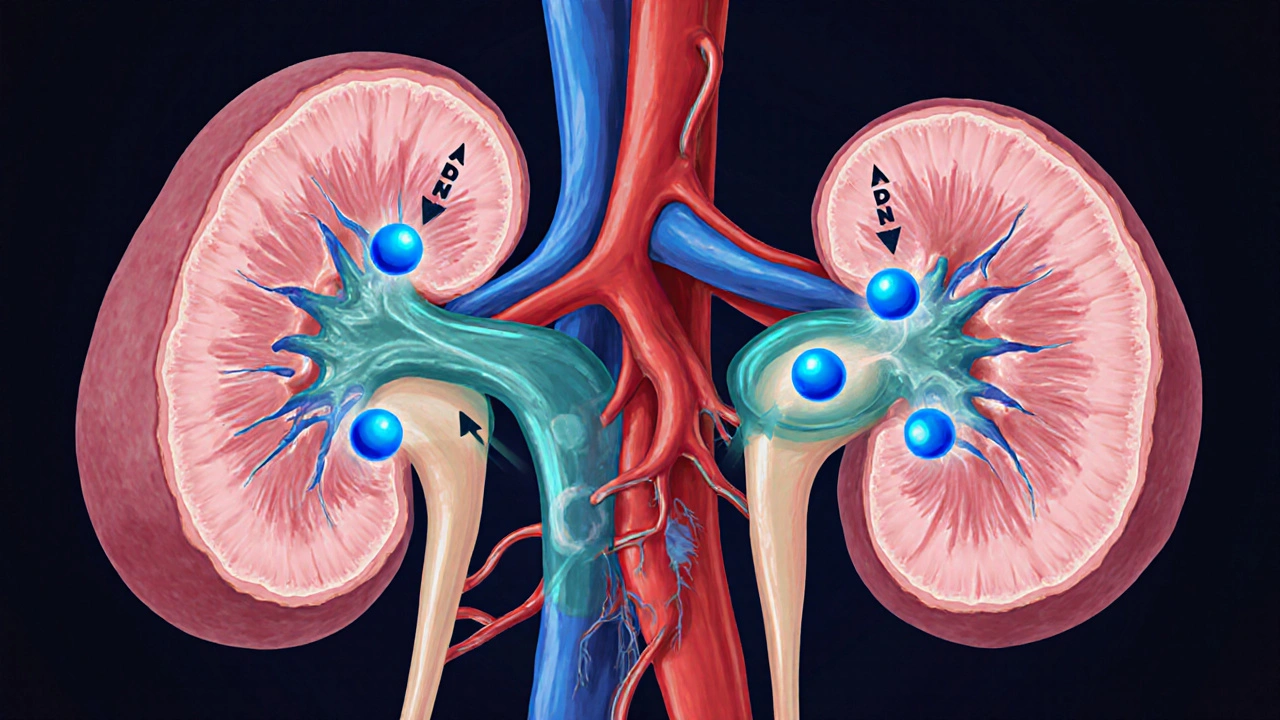 Medical illustration of a kidney showing diuretic molecules blocking the distal tubule.