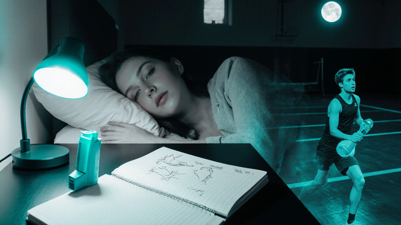 Nighttime scene of a woman with a teal inhaler and diary, plus teen breathing exercise.