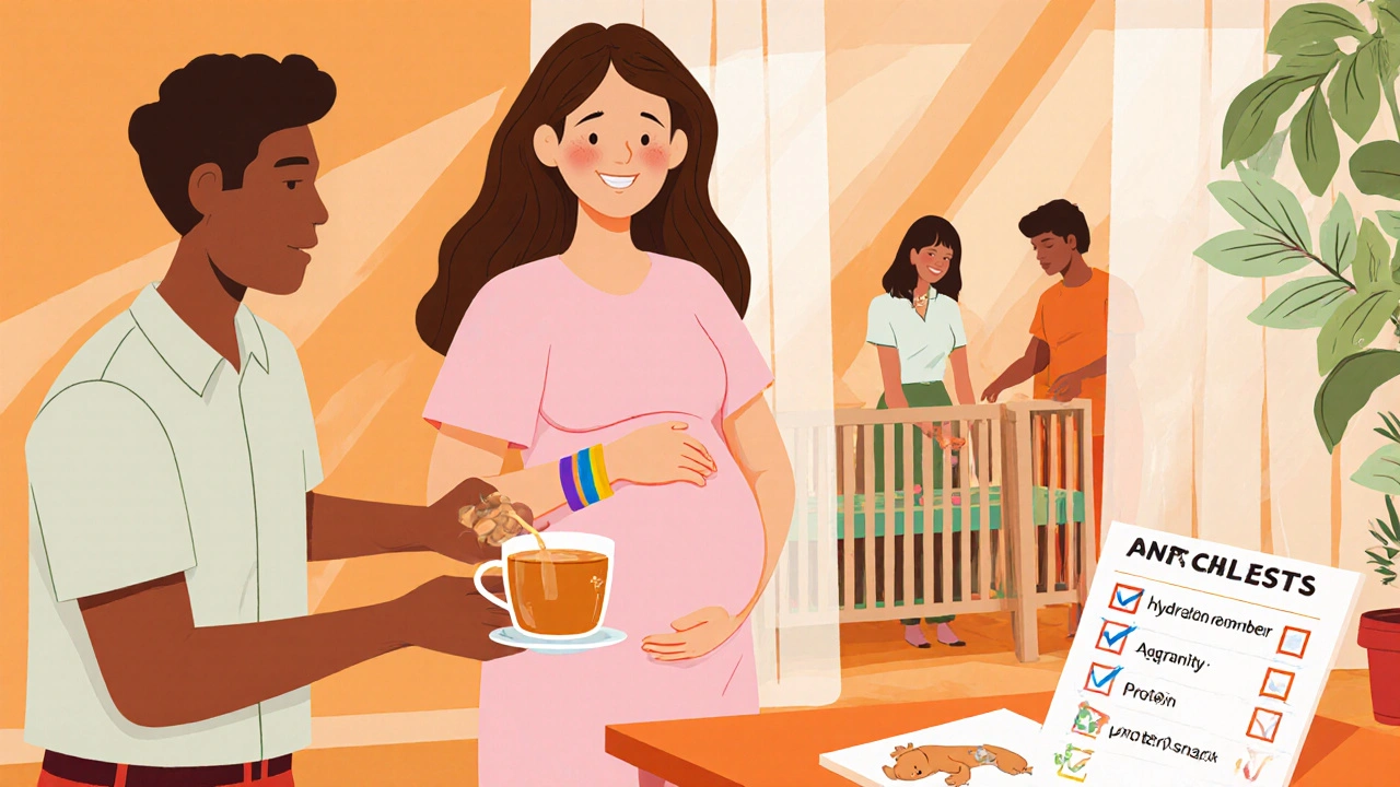 Partner gives ginger tea while friends set up a crib and checklist items.