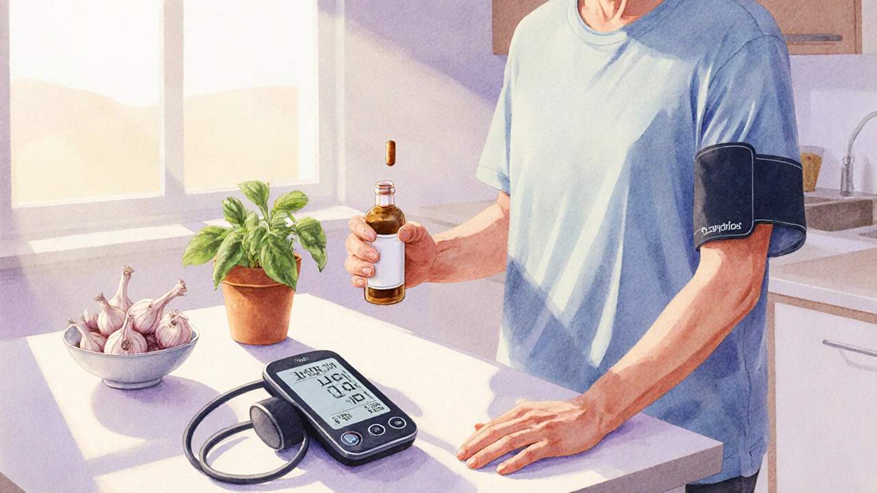 Person at kitchen counter holding a supplement capsule, with a heart monitor and calm atmosphere.