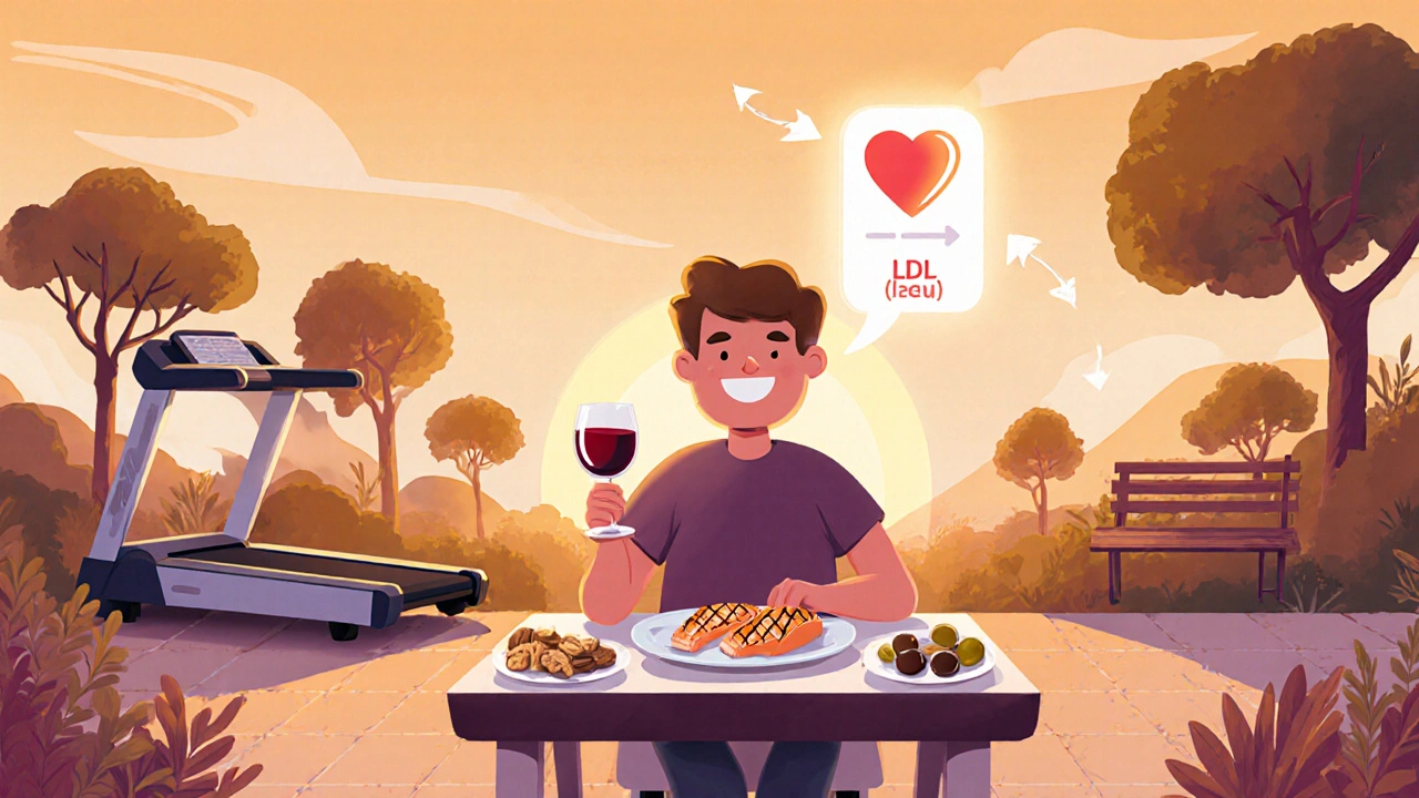 Person enjoying a modest glass of wine with healthy food and exercise, heart glowing.