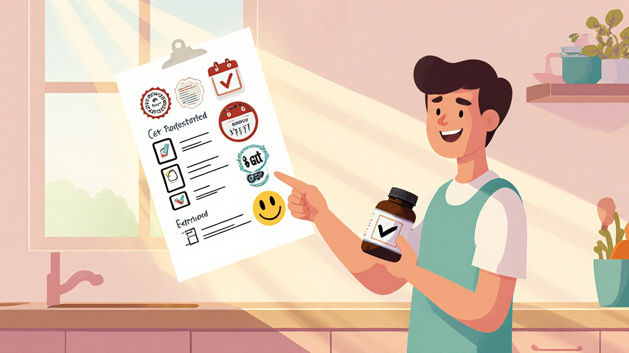 Person in kitchen checking a supplement safety checklist beside a bottle.