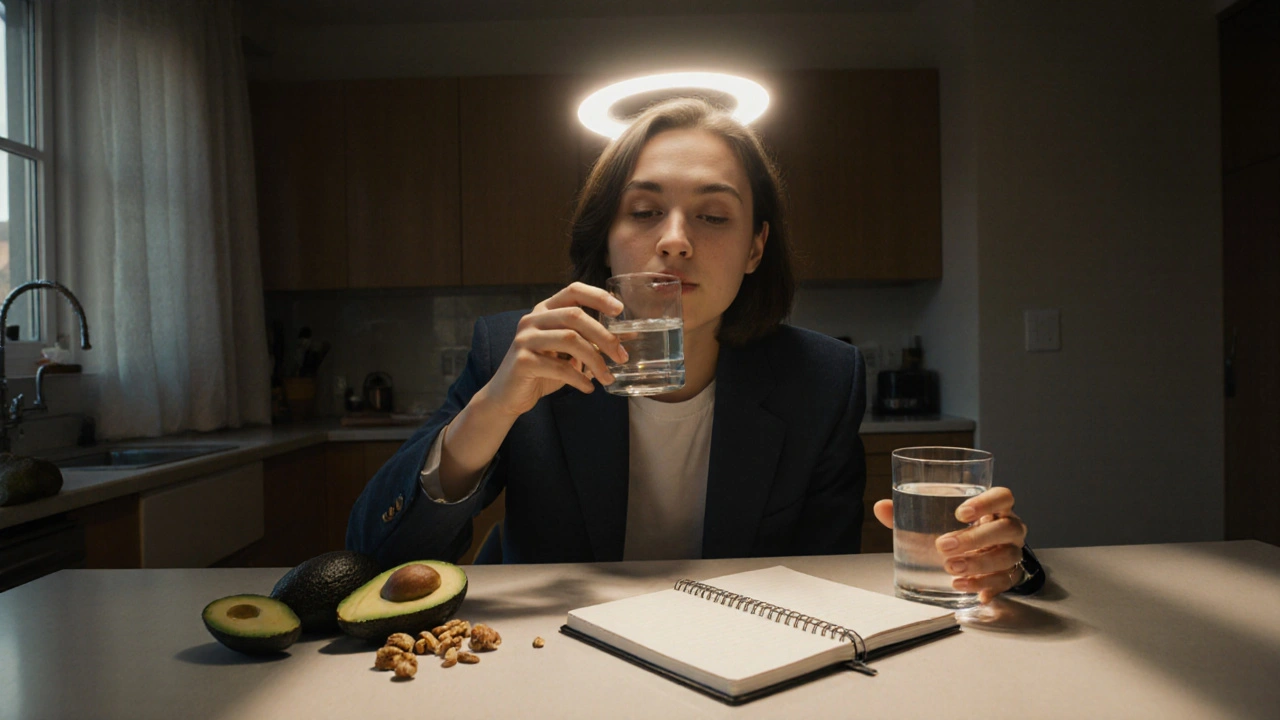 Person taking a capsule with avocado and notebook, halo of focus in bright kitchen.