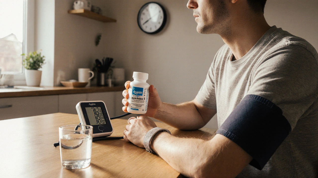 Person taking Aquazide in the morning with a blood pressure monitor on the table.