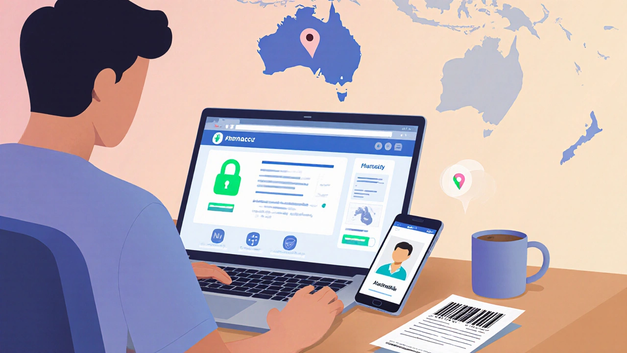 Person using a laptop and phone to order medication safely at home with a secure lock icon.