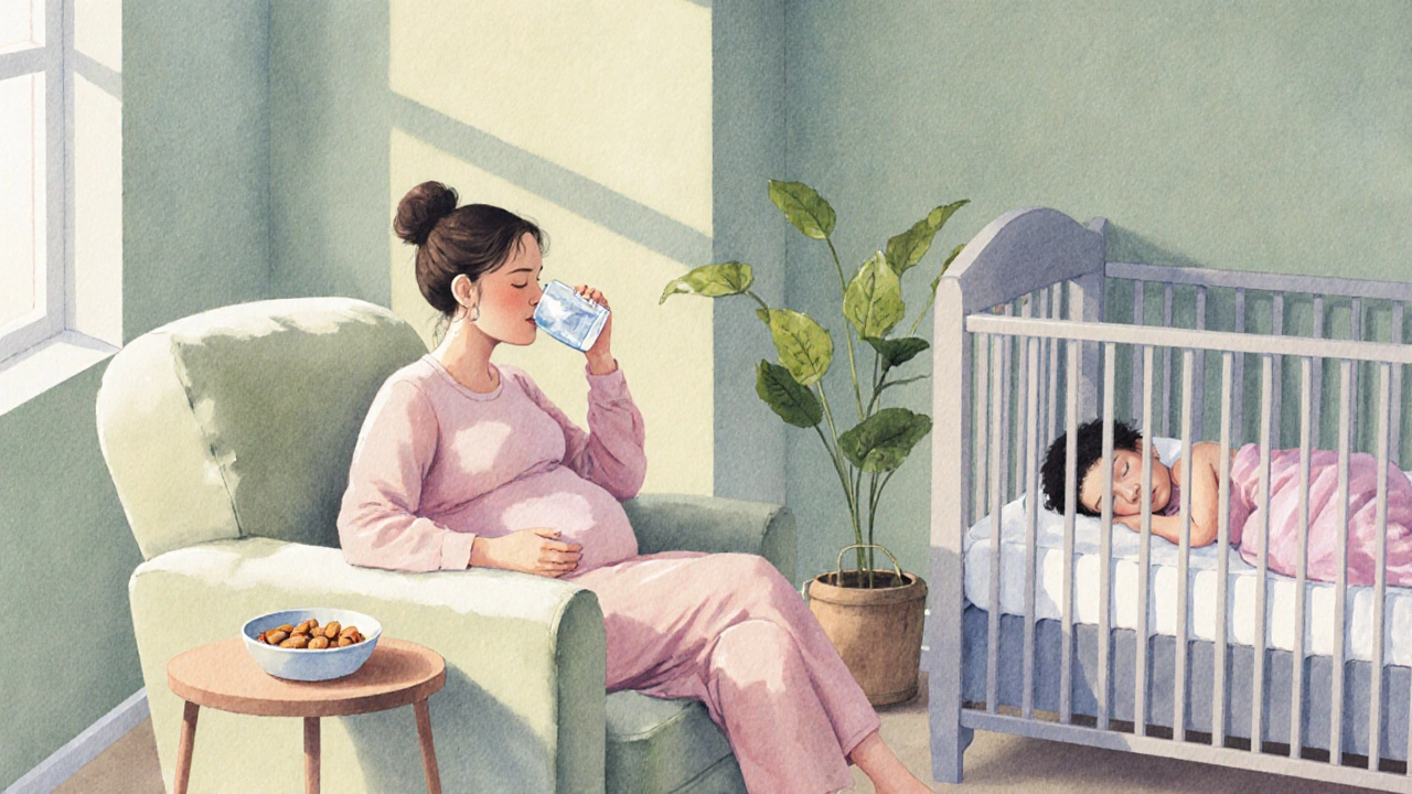 Postpartum mother drinking water, newborn sleeping in a calm nursery.