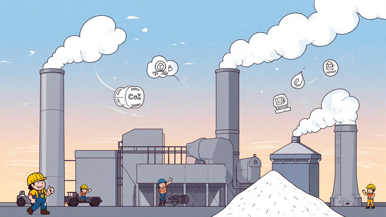 Power plant scrubber releasing clean steam, gypsum piles, and CO2 capture in cartoon.
