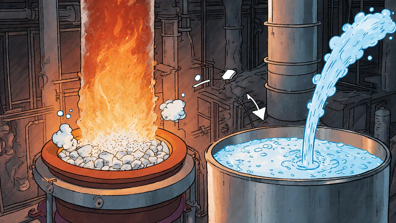 Rotary kiln calcination and slurry mixing beside a scrubber tower cartoon illustration.