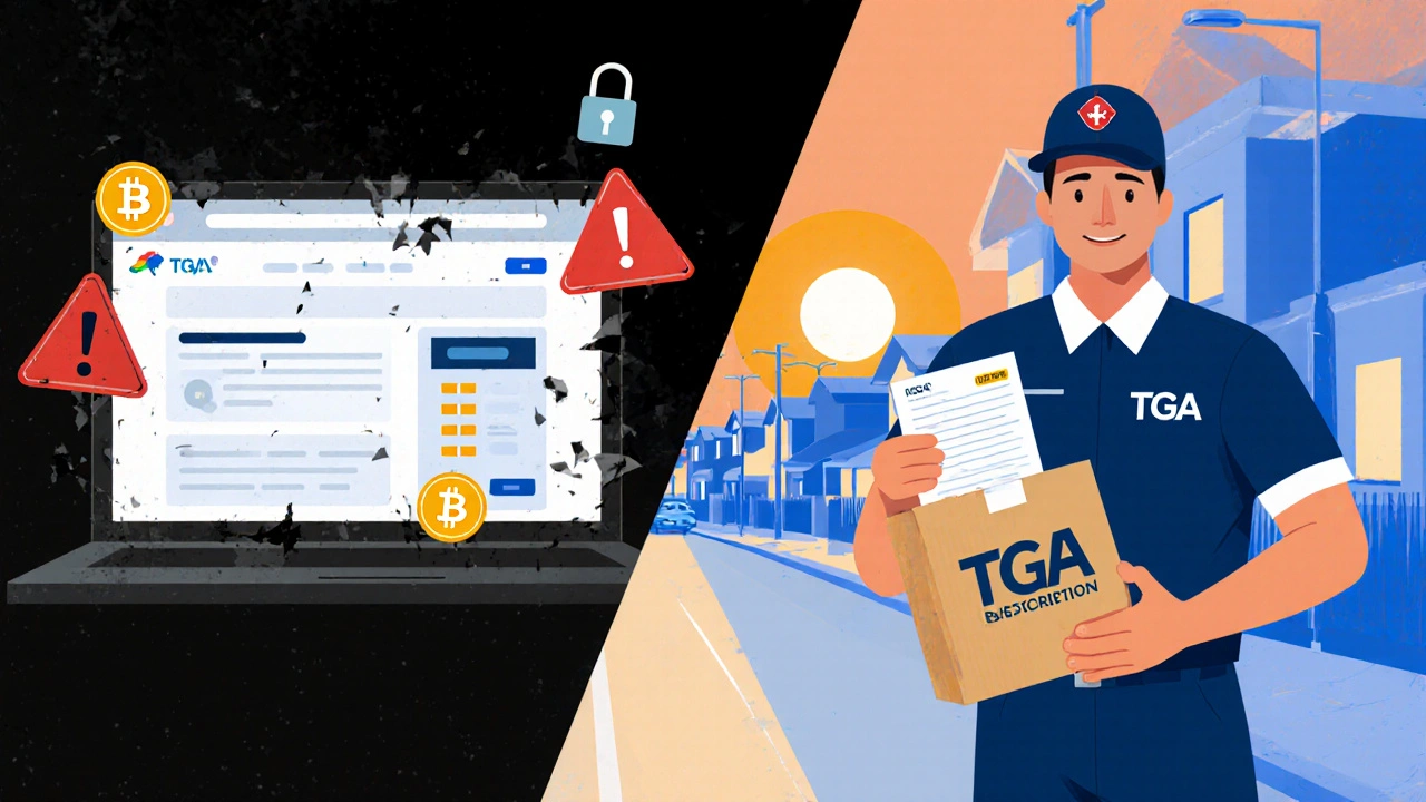 Split image of a risky website on the left and a trusted courier delivering medication on the right.