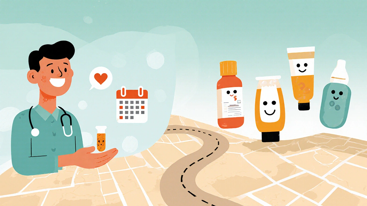 Split‑screen illustration of two treatment paths: isotretinoin with doctor and labs versus gentler OTC options.