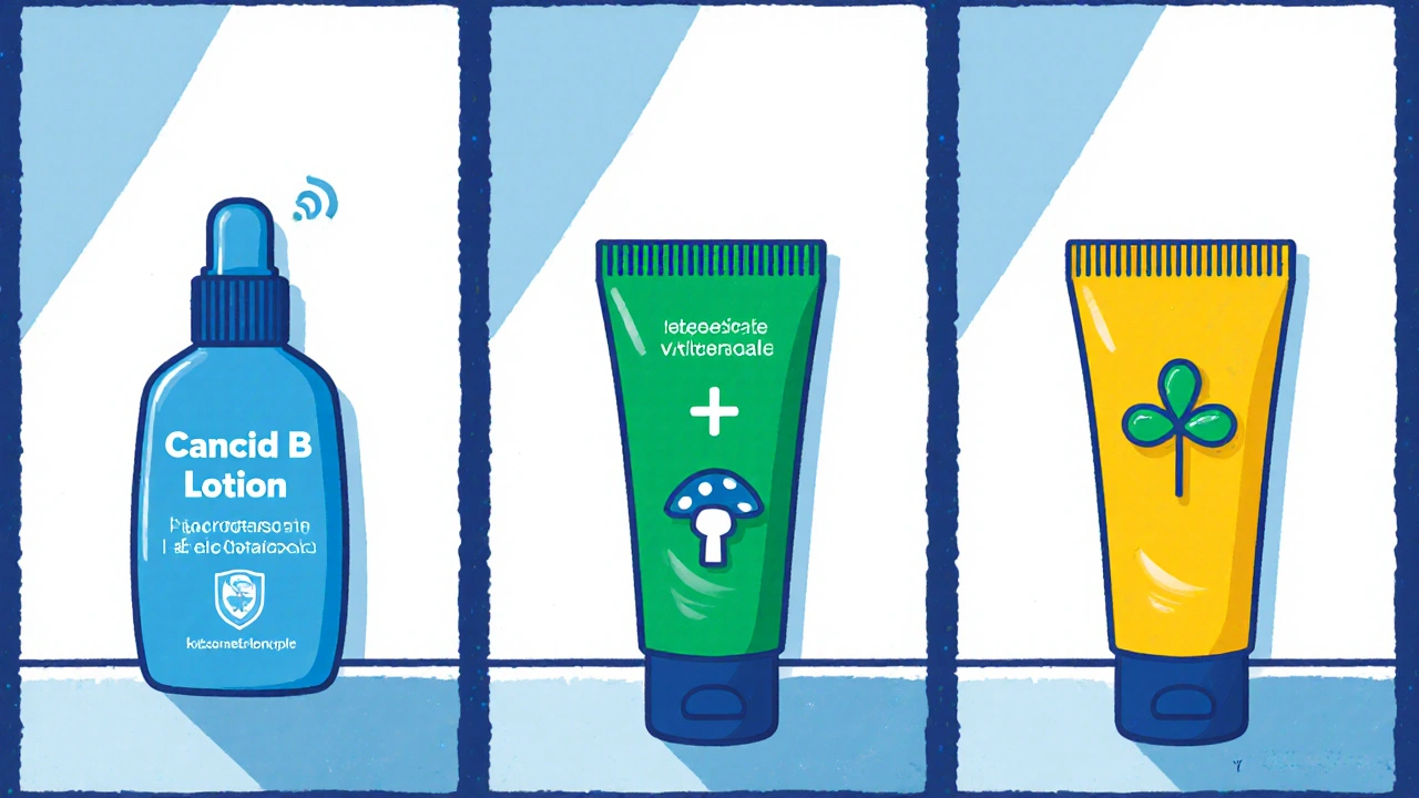 Three cartoon panels each displaying a different antifungal or steroid cream bottle with ingredient icons.