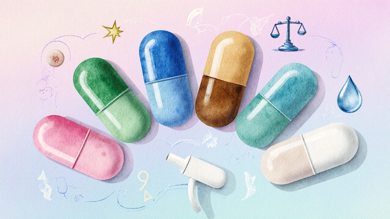 Watercolor fan of six different progestin pills with subtle symbols of their side effects.