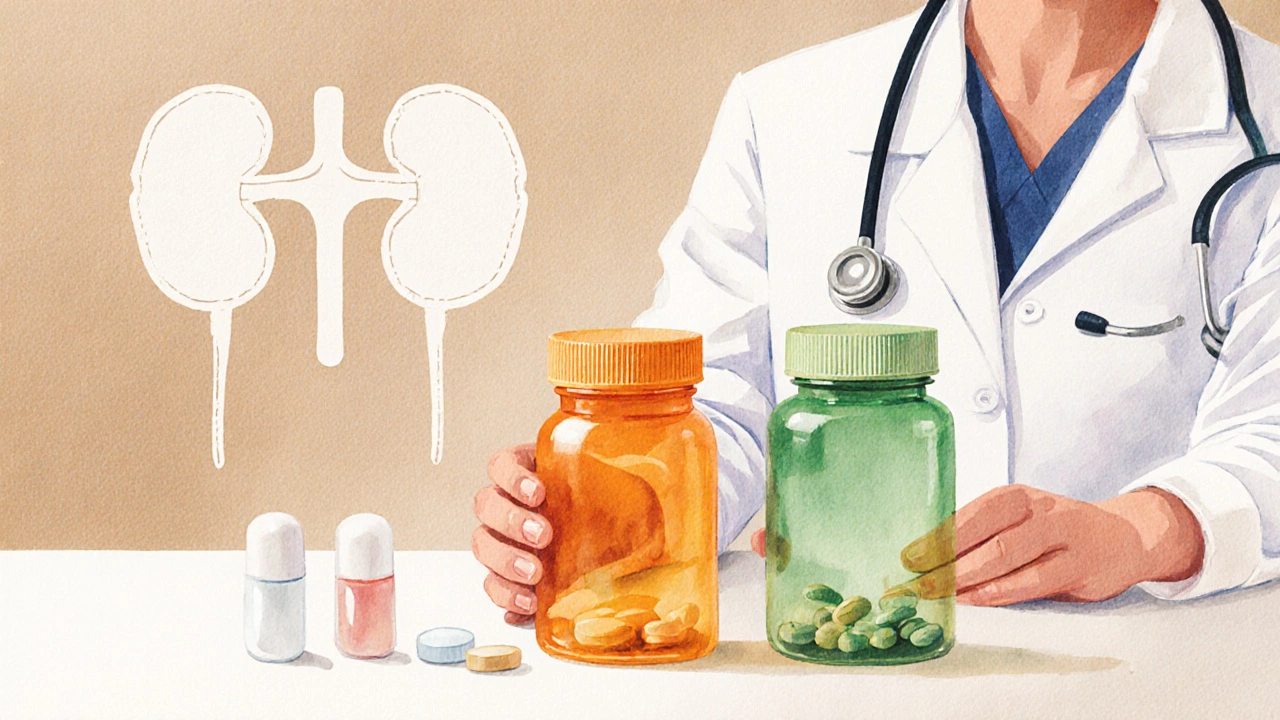 Watercolor illustration of a doctor examining three different pill bottles at a pharmacy counter.