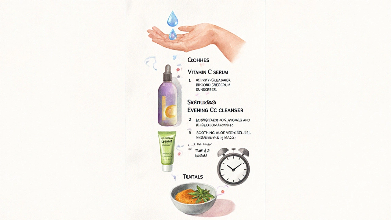 Watercolor illustration of a morning and evening skincare routine for melasma.