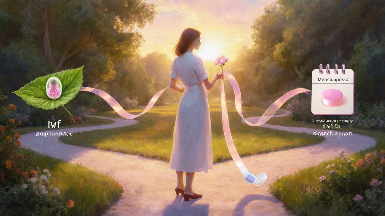 Woman at a garden crossroads with three paths representing different progesterone uses.
