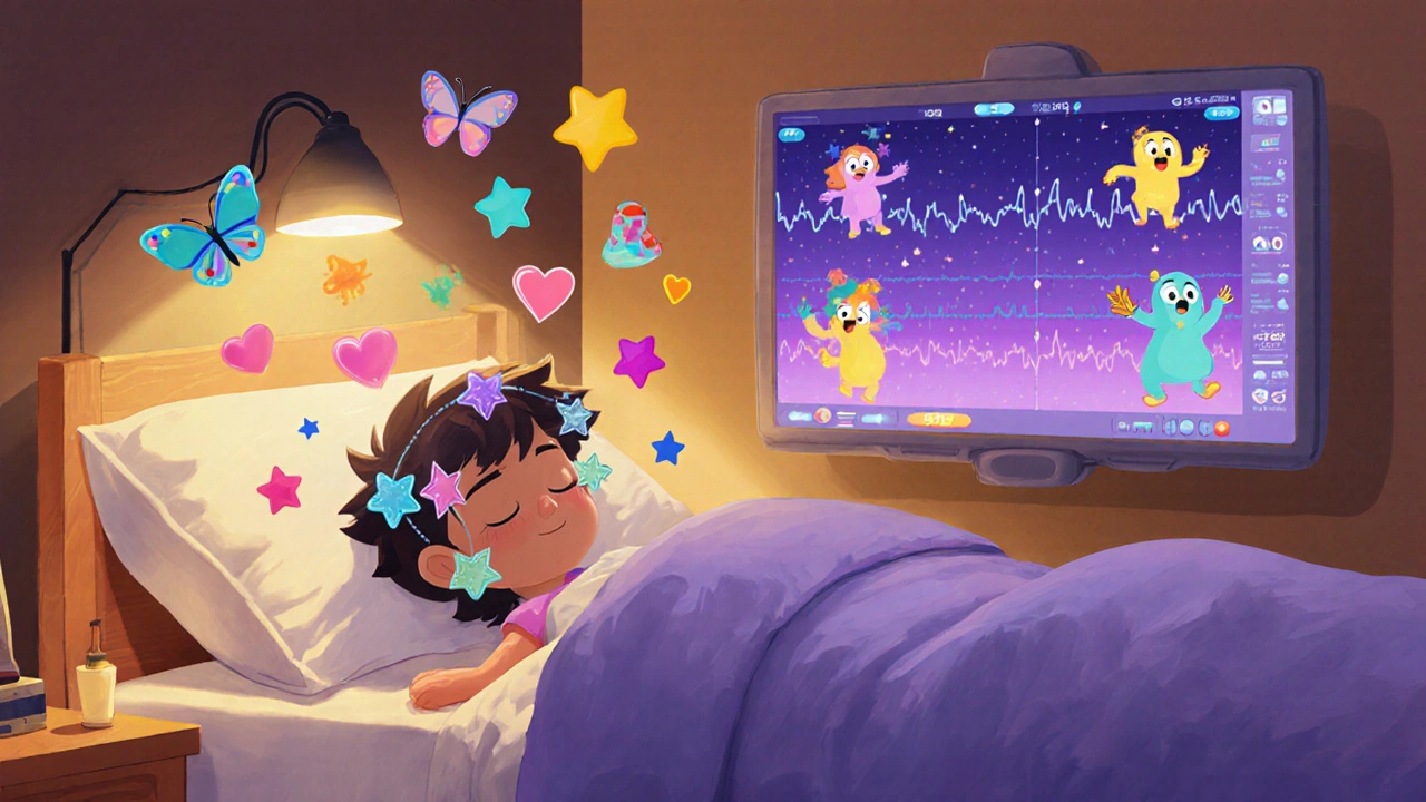 A child sleeps with colorful sensor decorations during a sleep study, monitored by animated health characters.