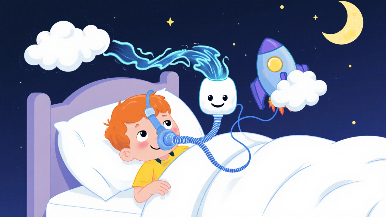 A child wears a friendly CPAP mask with glowing airwaves keeping their airway open at night.