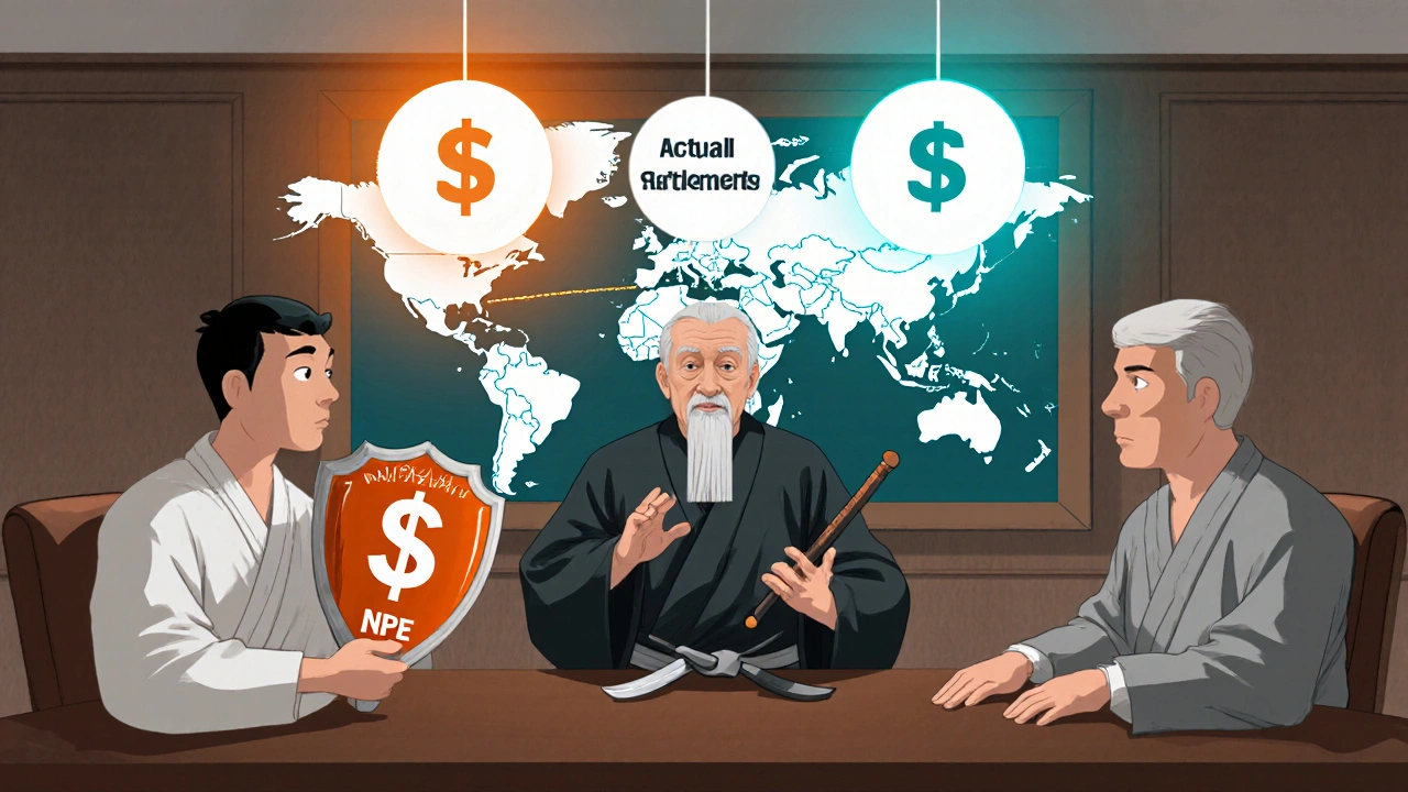 A mediator guides opposing teams in a negotiation dojo, with high-low settlement orbs floating above them.