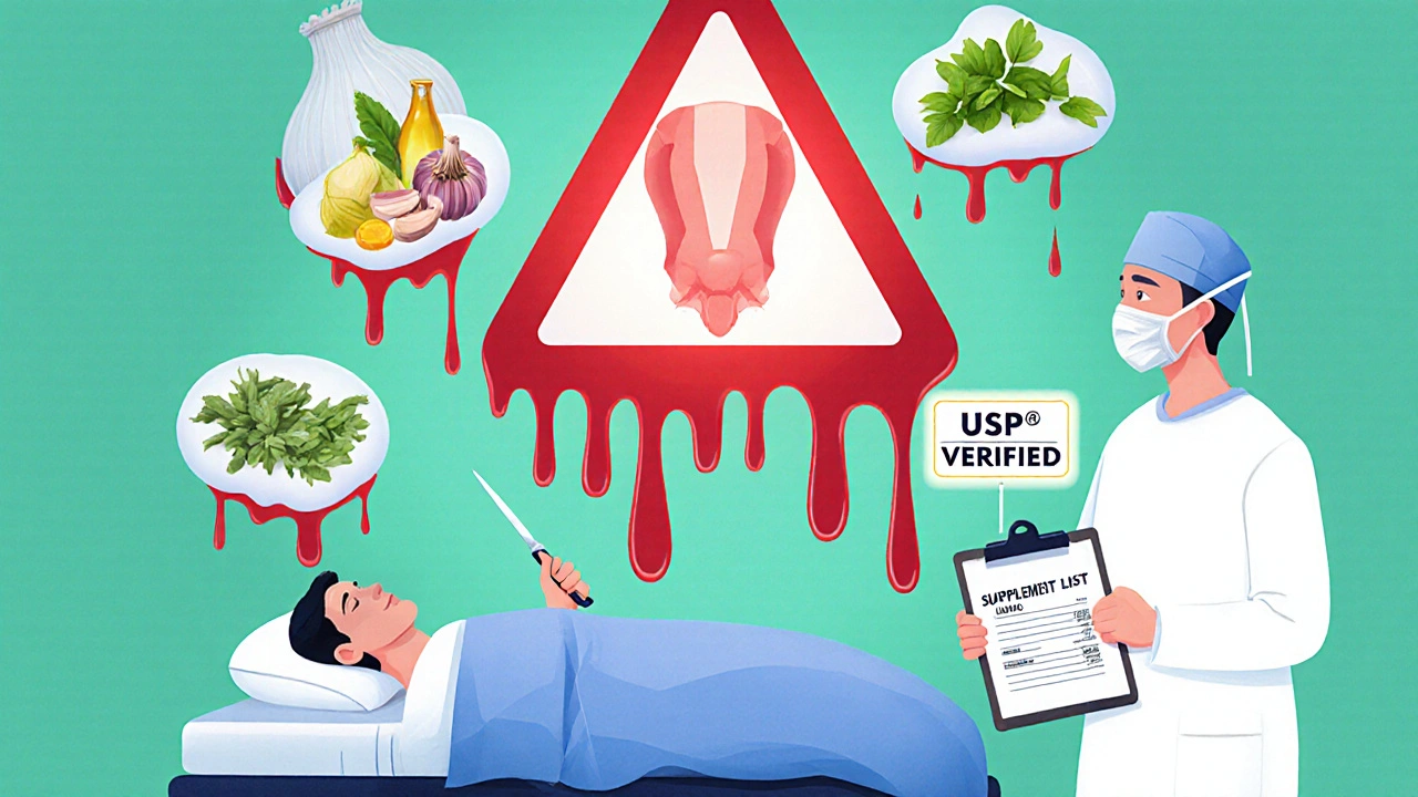 A patient on an operating table with herbs dripping blood, while doctors overlook unreported supplement use.