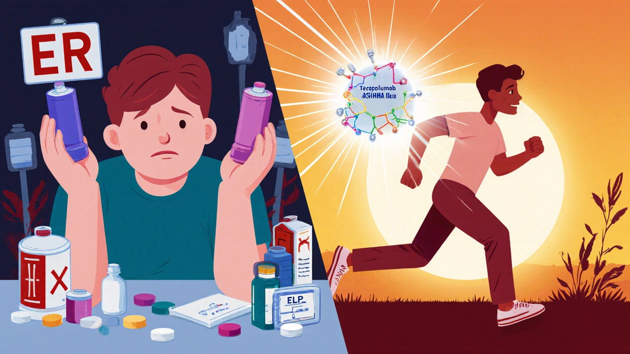 A patient transformed from struggling with asthma meds to running freely, symbolizing biologic treatment success.