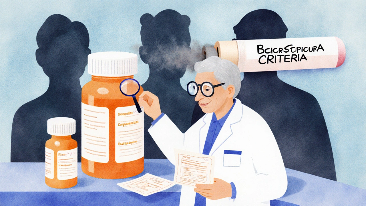 A pharmacist explaining large-print medication labels to an older adult, with risky drugs being erased by a checklist.