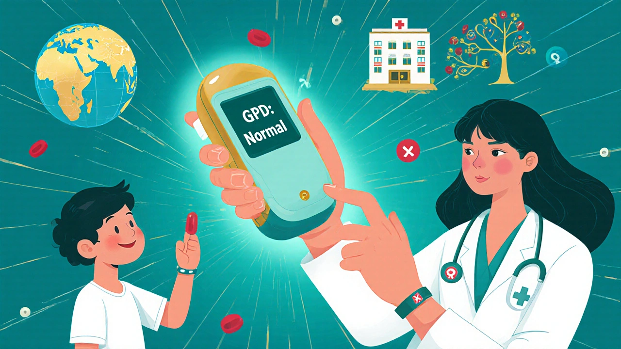 A quick finger-prick G6PD test device showing normal results, with medical and family icons around it.