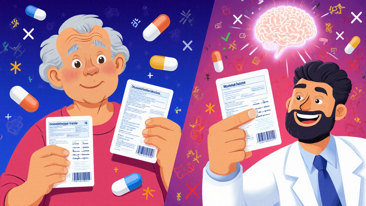 A senior comparing blurry generic labels to clear large-print ones, with an AI brain analyzing drug safety.