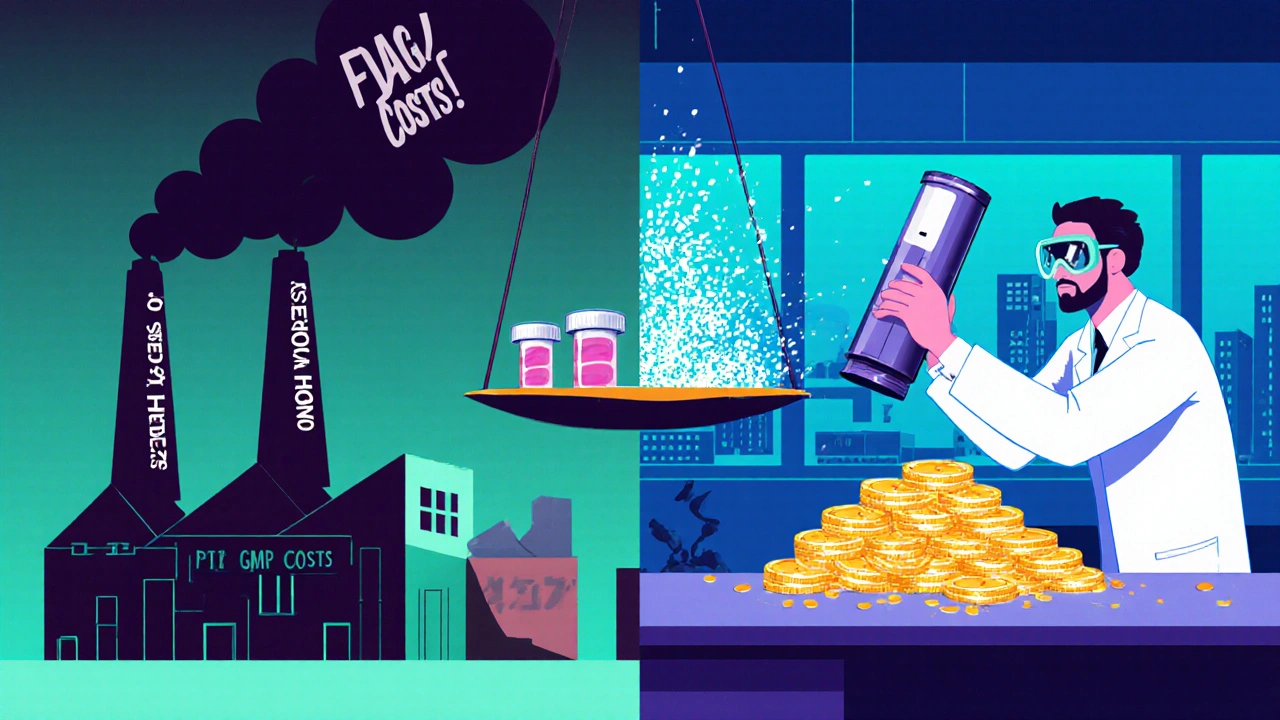 A split illustration showing a low-tech generic factory on one side and a high-tech inhaler lab on the other, with a tipping scale between them.